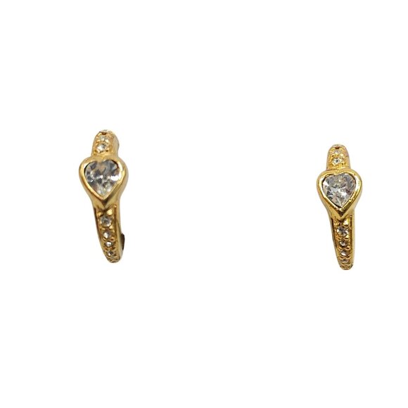 Vintage Gold Tone Crystal Heart Hoop Earrings French Back Pierced 1980-90s - Picture 1 of 4
